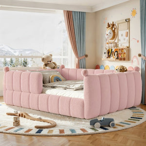 English Elm Queen Montessori Floor Bed Teddy Upholstered Surround Rails Low Profile Kids Frame Pink W5305S00240