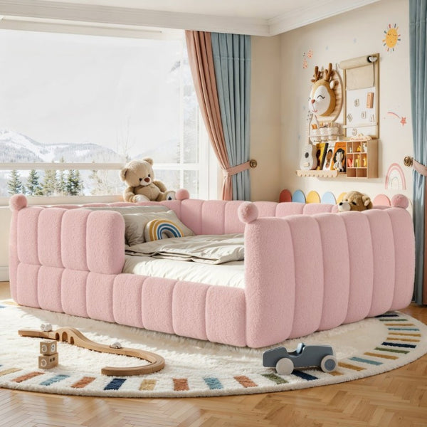 English Elm Queen Montessori Floor Bed Teddy Upholstered Surround Rails Low Profile Kids Frame Pink W5305S00240