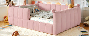 English Elm Queen Montessori Floor Bed Teddy Upholstered Surround Rails Low Profile Kids Frame Pink W5305S00240