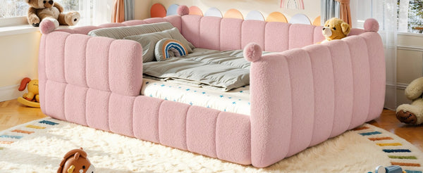 English Elm Queen Montessori Floor Bed Teddy Upholstered Surround Rails Low Profile Kids Frame Pink W5305S00240