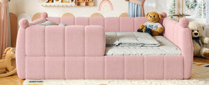 English Elm Queen Montessori Floor Bed Teddy Upholstered Surround Rails Low Profile Kids Frame Pink W5305S00240