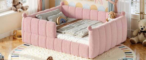 English Elm Queen Montessori Floor Bed Teddy Upholstered Surround Rails Low Profile Kids Frame Pink W5305S00240