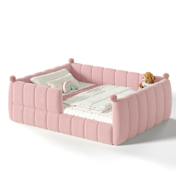 English Elm Queen Montessori Floor Bed Teddy Upholstered Surround Rails Low Profile Kids Frame Pink W5305S00240