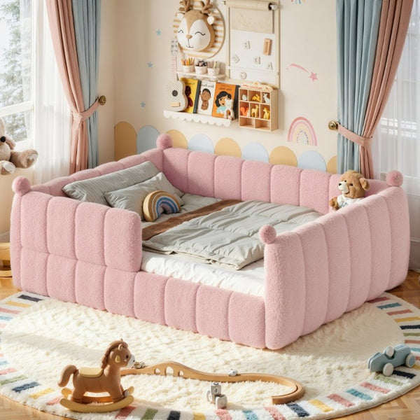 English Elm Queen Montessori Floor Bed Teddy Upholstered Surround Rails Low Profile Kids Frame Pink W5305S00240
