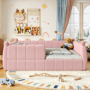 English Elm Queen Montessori Floor Bed Teddy Upholstered Surround Rails Low Profile Kids Frame Pink W5305S00240