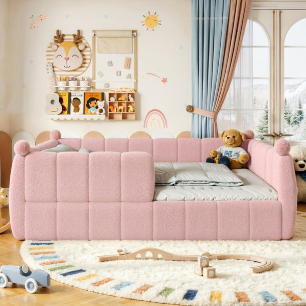 English Elm Queen Montessori Floor Bed Teddy Upholstered Surround Rails Low Profile Kids Frame Pink W5305S00240