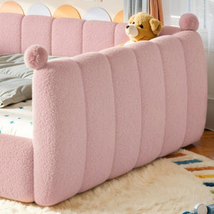 English Elm Queen Montessori Floor Bed Teddy Upholstered Surround Rails Low Profile Kids Frame Pink W5305S00240