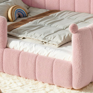 English Elm Queen Montessori Floor Bed Teddy Upholstered Surround Rails Low Profile Kids Frame Pink W5305S00240