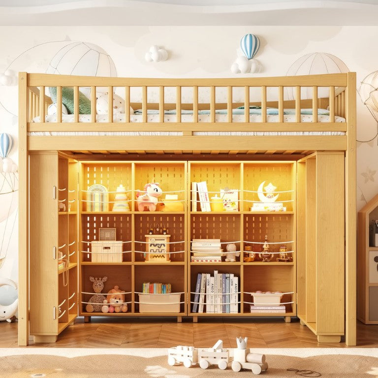 English Elm Twin Pine Loft Bed with LED Lighting Foldable Cabinet Bookshelf and Chalkboard Panel Twin Natural W5305S00242