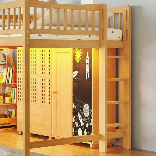 English Elm Queen Over Pine Wood Bunk Bed with Trundle Storage Shelf Converts to Two Platform Beds Natural 78.9 L x 57.3 W x 65 H MDF,Pine,Plywood W5305S00244