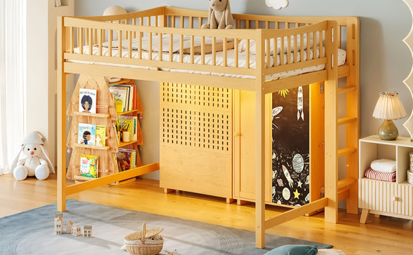 English Elm Queen Over Pine Wood Bunk Bed with Trundle Storage Shelf Converts to Two Platform Beds Natural 78.9 L x 57.3 W x 65 H MDF,Pine,Plywood W5305S00244
