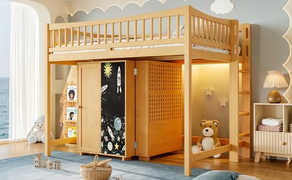 English Elm Queen Over Pine Wood Bunk Bed with Trundle Storage Shelf Converts to Two Platform Beds Natural 78.9 L x 57.3 W x 65 H MDF,Pine,Plywood W5305S00244