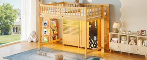 English Elm Queen Over Pine Wood Bunk Bed with Trundle Storage Shelf Converts to Two Platform Beds Natural 78.9 L x 57.3 W x 65 H MDF,Pine,Plywood W5305S00244