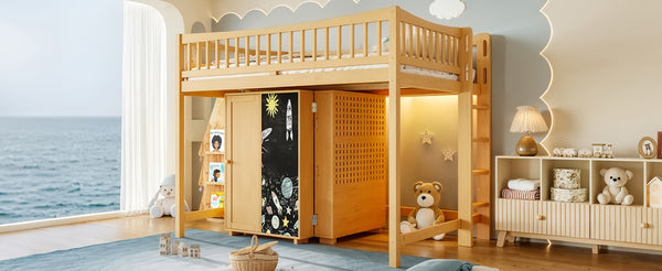 English Elm Queen Over Pine Wood Bunk Bed with Trundle Storage Shelf Converts to Two Platform Beds Natural 78.9 L x 57.3 W x 65 H MDF,Pine,Plywood W5305S00244