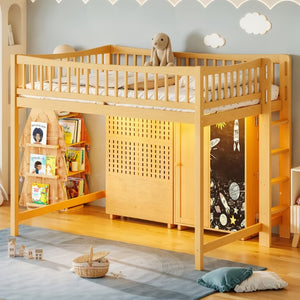 English Elm Queen Over Pine Wood Bunk Bed with Trundle Storage Shelf Converts to Two Platform Beds Natural 78.9 L x 57.3 W x 65 H MDF,Pine,Plywood W5305S00244