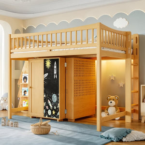 English Elm Queen Over Pine Wood Bunk Bed with Trundle Storage Shelf Converts to Two Platform Beds Natural 78.9 L x 57.3 W x 65 H MDF,Pine,Plywood W5305S00244