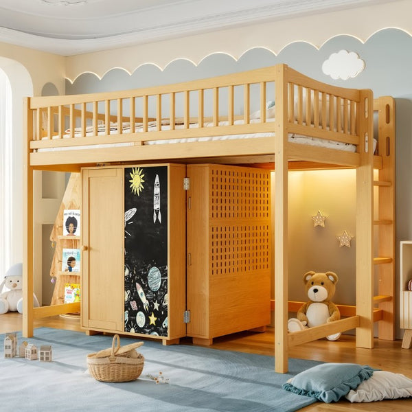 English Elm Queen Over Pine Wood Bunk Bed with Trundle Storage Shelf Converts to Two Platform Beds Natural 78.9 L x 57.3 W x 65 H MDF,Pine,Plywood W5305S00244