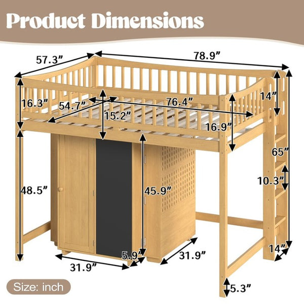 English Elm Queen Over Pine Wood Bunk Bed with Trundle Storage Shelf Converts to Two Platform Beds Natural 78.9 L x 57.3 W x 65 H MDF,Pine,Plywood W5305S00244
