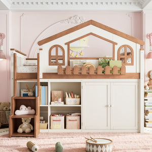 English Elm Queen Over Pine Wood Bunk Bed with Trundle Storage Shelf Converts to Two Platform Beds Beige,Natural 78.5 L x 42.1 W x 65.6 H MDF,Pine,Plywood W5305S00245