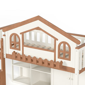English Elm Queen Over Pine Wood Bunk Bed with Trundle Storage Shelf Converts to Two Platform Beds Beige,Natural 78.5 L x 42.1 W x 65.6 H MDF,Pine,Plywood W5305S00245