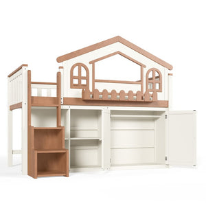 English Elm Queen Over Pine Wood Bunk Bed with Trundle Storage Shelf Converts to Two Platform Beds Beige,Natural 78.5 L x 42.1 W x 65.6 H MDF,Pine,Plywood W5305S00245