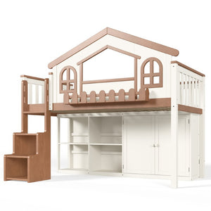 English Elm Queen Over Pine Wood Bunk Bed with Trundle Storage Shelf Converts to Two Platform Beds Beige,Natural 78.5 L x 42.1 W x 65.6 H MDF,Pine,Plywood W5305S00245