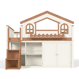 English Elm Queen Over Pine Wood Bunk Bed with Trundle Storage Shelf Converts to Two Platform Beds Beige,Natural 78.5 L x 42.1 W x 65.6 H MDF,Pine,Plywood W5305S00245