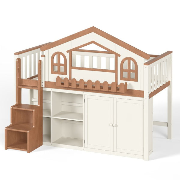 English Elm Queen Over Pine Wood Bunk Bed with Trundle Storage Shelf Converts to Two Platform Beds Beige,Natural 78.5 L x 42.1 W x 65.6 H MDF,Pine,Plywood W5305S00245