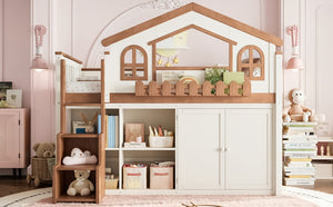 English Elm Queen Over Pine Wood Bunk Bed with Trundle Storage Shelf Converts to Two Platform Beds Beige,Natural 78.5 L x 42.1 W x 65.6 H MDF,Pine,Plywood W5305S00245