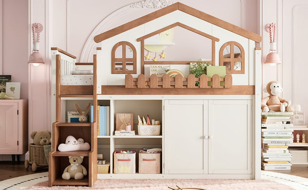 English Elm Queen Over Pine Wood Bunk Bed with Trundle Storage Shelf Converts to Two Platform Beds Beige,Natural 78.5 L x 42.1 W x 65.6 H MDF,Pine,Plywood W5305S00245