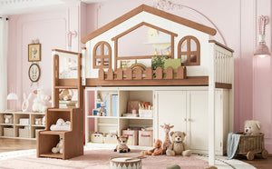 English Elm Queen Over Pine Wood Bunk Bed with Trundle Storage Shelf Converts to Two Platform Beds Beige,Natural 78.5 L x 42.1 W x 65.6 H MDF,Pine,Plywood W5305S00245