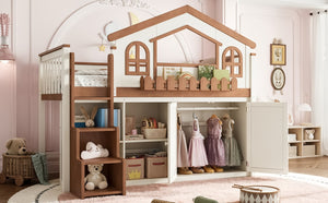 English Elm Queen Over Pine Wood Bunk Bed with Trundle Storage Shelf Converts to Two Platform Beds Beige,Natural 78.5 L x 42.1 W x 65.6 H MDF,Pine,Plywood W5305S00245