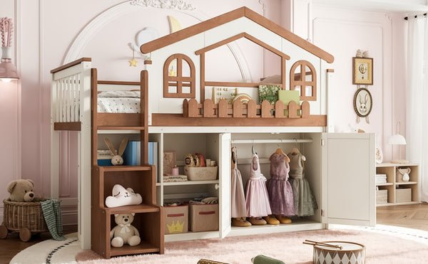 English Elm Queen Over Pine Wood Bunk Bed with Trundle Storage Shelf Converts to Two Platform Beds Beige,Natural 78.5 L x 42.1 W x 65.6 H MDF,Pine,Plywood W5305S00245