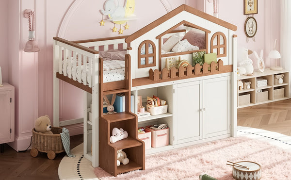 English Elm Queen Over Pine Wood Bunk Bed with Trundle Storage Shelf Converts to Two Platform Beds Beige,Natural 78.5 L x 42.1 W x 65.6 H MDF,Pine,Plywood W5305S00245