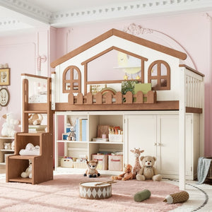 English Elm Queen Over Pine Wood Bunk Bed with Trundle Storage Shelf Converts to Two Platform Beds Beige,Natural 78.5 L x 42.1 W x 65.6 H MDF,Pine,Plywood W5305S00245
