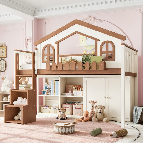 English Elm Queen Over Pine Wood Bunk Bed with Trundle Storage Shelf Converts to Two Platform Beds Beige,Natural 78.5 L x 42.1 W x 65.6 H MDF,Pine,Plywood W5305S00245