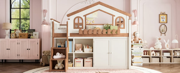 English Elm Queen Over Pine Wood Bunk Bed with Trundle Storage Shelf Converts to Two Platform Beds Beige,Natural 78.5 L x 42.1 W x 65.6 H MDF,Pine,Plywood W5305S00245