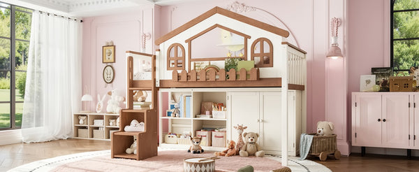 English Elm Queen Over Pine Wood Bunk Bed with Trundle Storage Shelf Converts to Two Platform Beds Beige,Natural 78.5 L x 42.1 W x 65.6 H MDF,Pine,Plywood W5305S00245