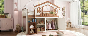 English Elm Queen Over Pine Wood Bunk Bed with Trundle Storage Shelf Converts to Two Platform Beds Beige,Natural 78.5 L x 42.1 W x 65.6 H MDF,Pine,Plywood W5305S00245