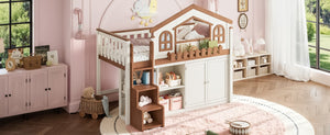 English Elm Queen Over Pine Wood Bunk Bed with Trundle Storage Shelf Converts to Two Platform Beds Beige,Natural 78.5 L x 42.1 W x 65.6 H MDF,Pine,Plywood W5305S00245