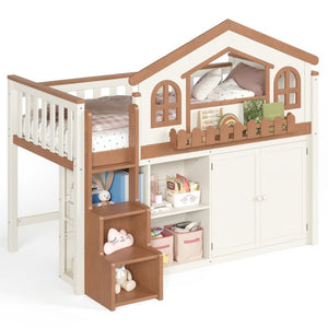 English Elm Queen Over Pine Wood Bunk Bed with Trundle Storage Shelf Converts to Two Platform Beds Beige,Natural 78.5 L x 42.1 W x 65.6 H MDF,Pine,Plywood W5305S00245