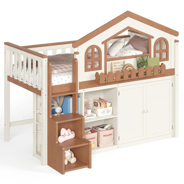 English Elm Queen Over Pine Wood Bunk Bed with Trundle Storage Shelf Converts to Two Platform Beds Beige,Natural 78.5 L x 42.1 W x 65.6 H MDF,Pine,Plywood W5305S00245