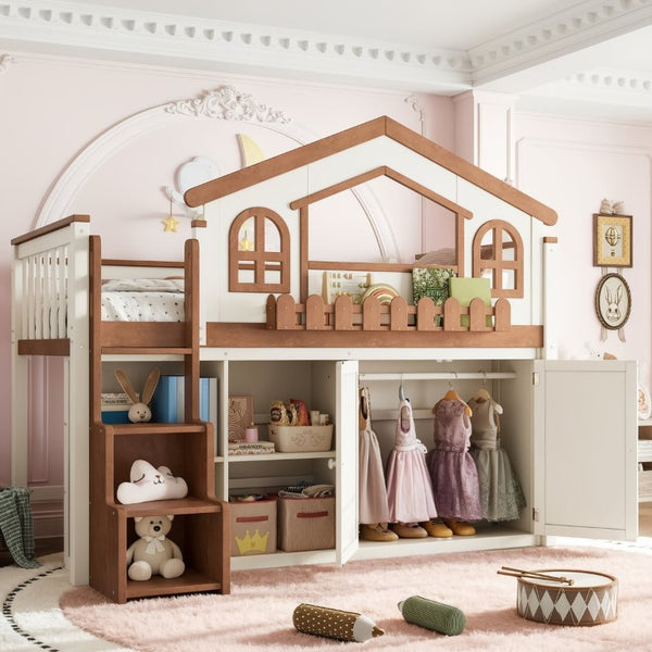 English Elm Queen Over Pine Wood Bunk Bed with Trundle Storage Shelf Converts to Two Platform Beds Beige,Natural 78.5 L x 42.1 W x 65.6 H MDF,Pine,Plywood W5305S00245
