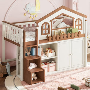 English Elm Queen Over Pine Wood Bunk Bed with Trundle Storage Shelf Converts to Two Platform Beds Beige,Natural 78.5 L x 42.1 W x 65.6 H MDF,Pine,Plywood W5305S00245