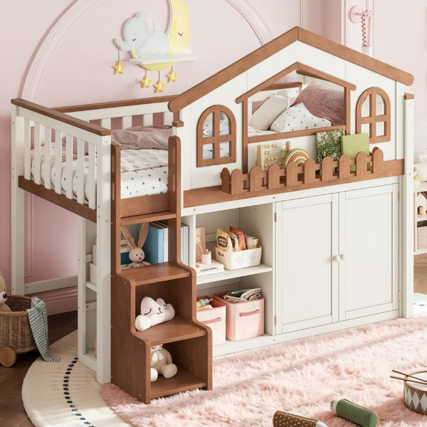 English Elm Queen Over Pine Wood Bunk Bed with Trundle Storage Shelf Converts to Two Platform Beds Beige,Natural 78.5 L x 42.1 W x 65.6 H MDF,Pine,Plywood W5305S00245