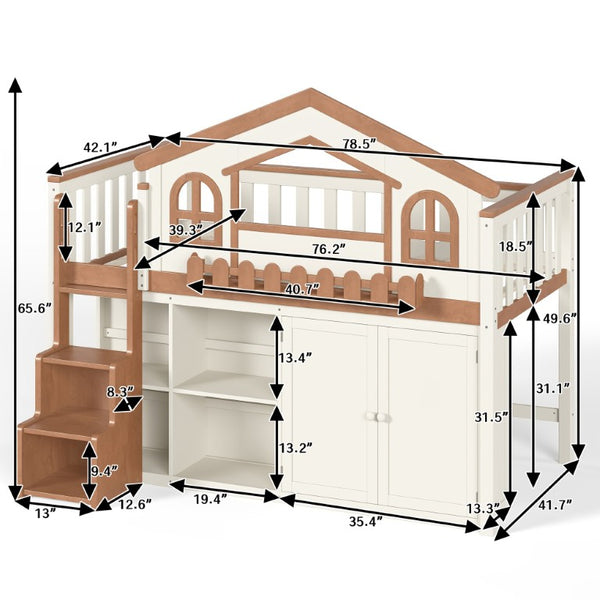 English Elm Queen Over Pine Wood Bunk Bed with Trundle Storage Shelf Converts to Two Platform Beds Beige,Natural 78.5 L x 42.1 W x 65.6 H MDF,Pine,Plywood W5305S00245