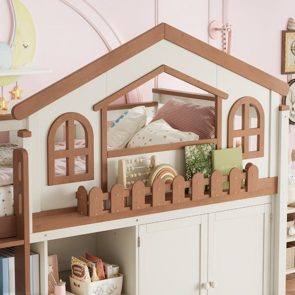 English Elm Queen Over Pine Wood Bunk Bed with Trundle Storage Shelf Converts to Two Platform Beds Beige,Natural 78.5 L x 42.1 W x 65.6 H MDF,Pine,Plywood W5305S00245