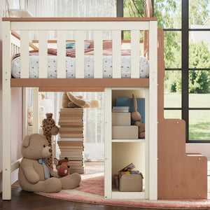 English Elm Queen Over Pine Wood Bunk Bed with Trundle Storage Shelf Converts to Two Platform Beds Beige,Natural 78.5 L x 42.1 W x 65.6 H MDF,Pine,Plywood W5305S00245