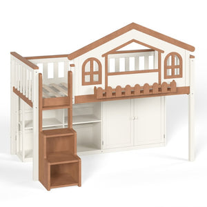 English Elm Queen Over Pine Wood Bunk Bed with Trundle Storage Shelf Converts to Two Platform Beds Beige,Natural 78.5 L x 42.1 W x 65.6 H MDF,Pine,Plywood W5305S00245