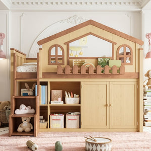 English Elm Queen Over Pine Wood Bunk Bed with Trundle Storage Shelf Converts to Two Platform Beds Natural+Deep Natural 78.5 L x 42.1 W x 65.6 H MDF,Pine,Plywood W5305S00246